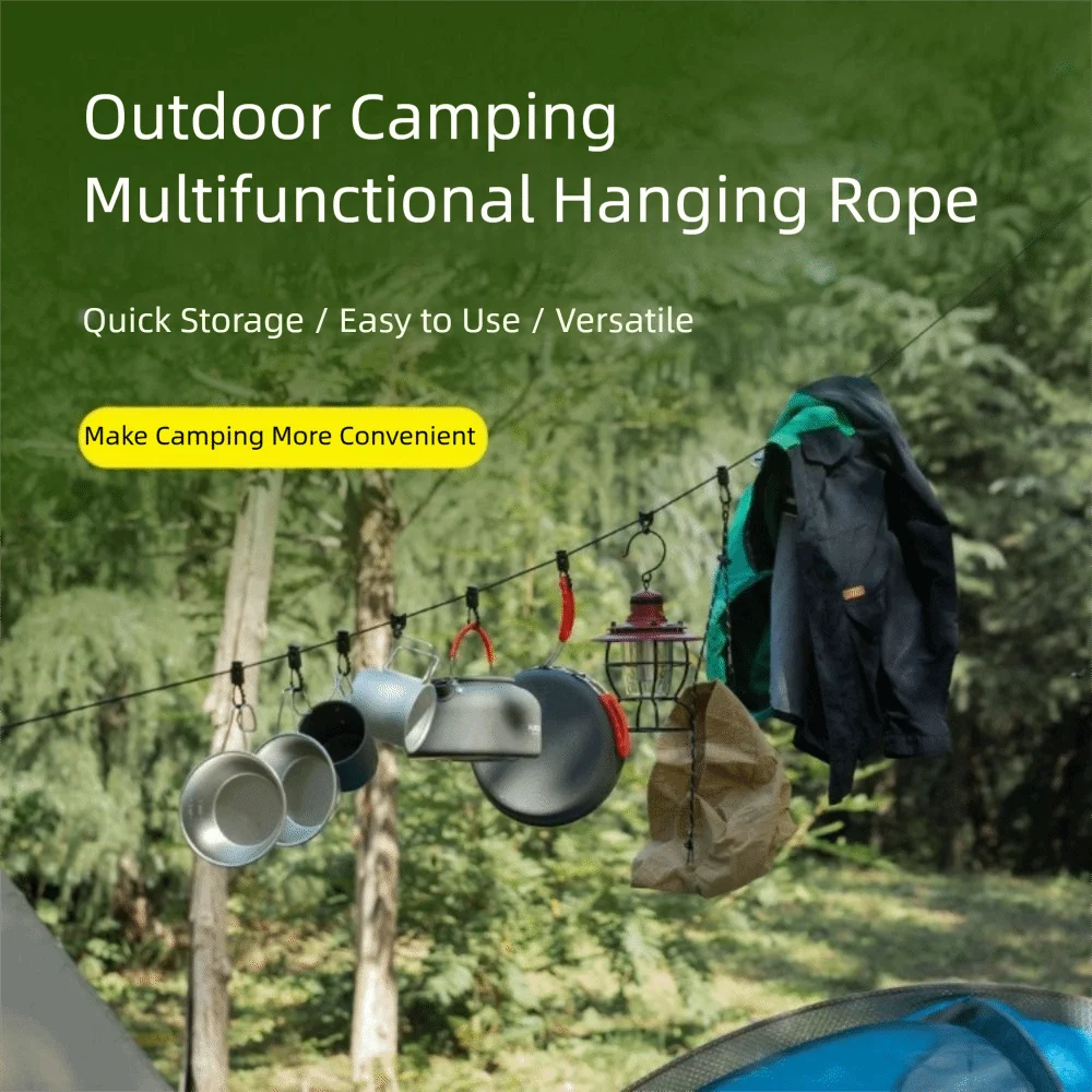 Multifunctional Outdoor Clothesline Adjustable Windproof Portable Storage Lanyard Retractable with 10 Hooks Camping Hanging Rope