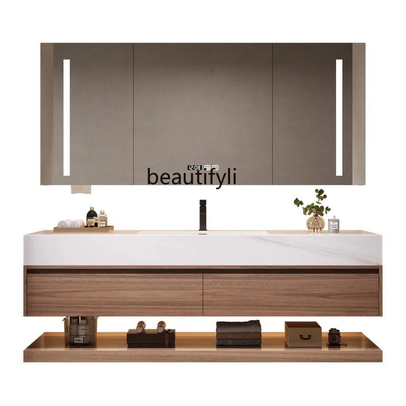 

New Bathroom Cabinet Wood Color Hand Washing Washbasin Cabinet Combination Bathroom Table Light Luxury and Simplicity