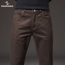 SHAN BAO 98% cotton pants autumn 2022 brand new classic style young men's slim straight stretch casual black brown navy blue