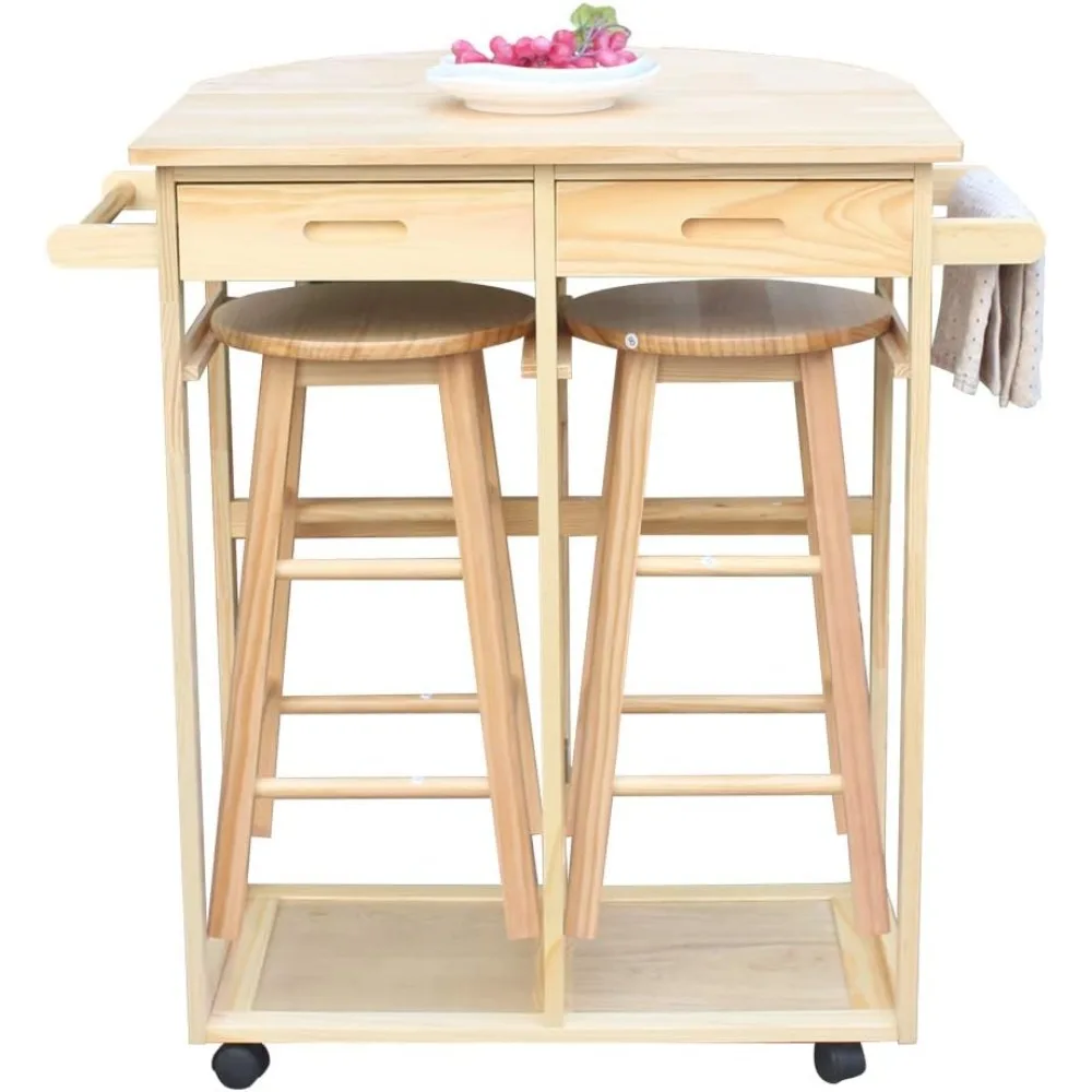 

Foldable Dining Table Set, Kitchen Island Trolley Cart with 2 Stools and 2 Drawers Solid Wood Drop Leaf Table Breakfast Cart Bar