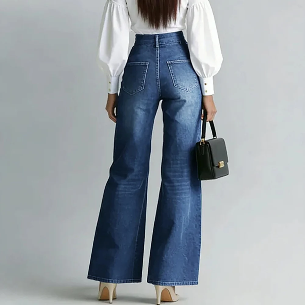 Kadın Şık Çift Altın Fermuarlı Denim Kot Pantolon Günlük Yüksek Bel Vintage Düz Paça Geniş Bacaklı Sokak Modası Denim Pantolon