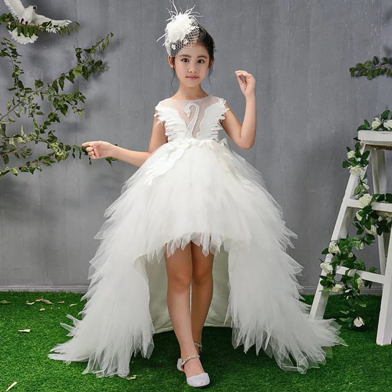 Swan Crystal Tulle Trailing Flower Girl Dresses Ball Gown Kids Pageant Dress Birthday Party High-end Feather Princess Dresses