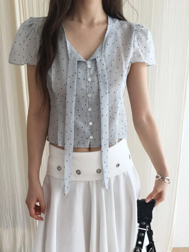 

Chic Polka Dot Shirt Women's Short Sleeve Bow Tie Button up Korean Style V Neck Cute Anti Aging Short Top Summer