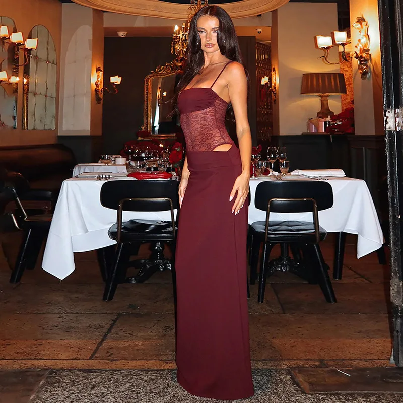 

Women's Sexy Lace Splicing Hollow-out See-through Party Evening Solid Color Spaghetti Strap Maxi Bodycon Dress Travel Clothing