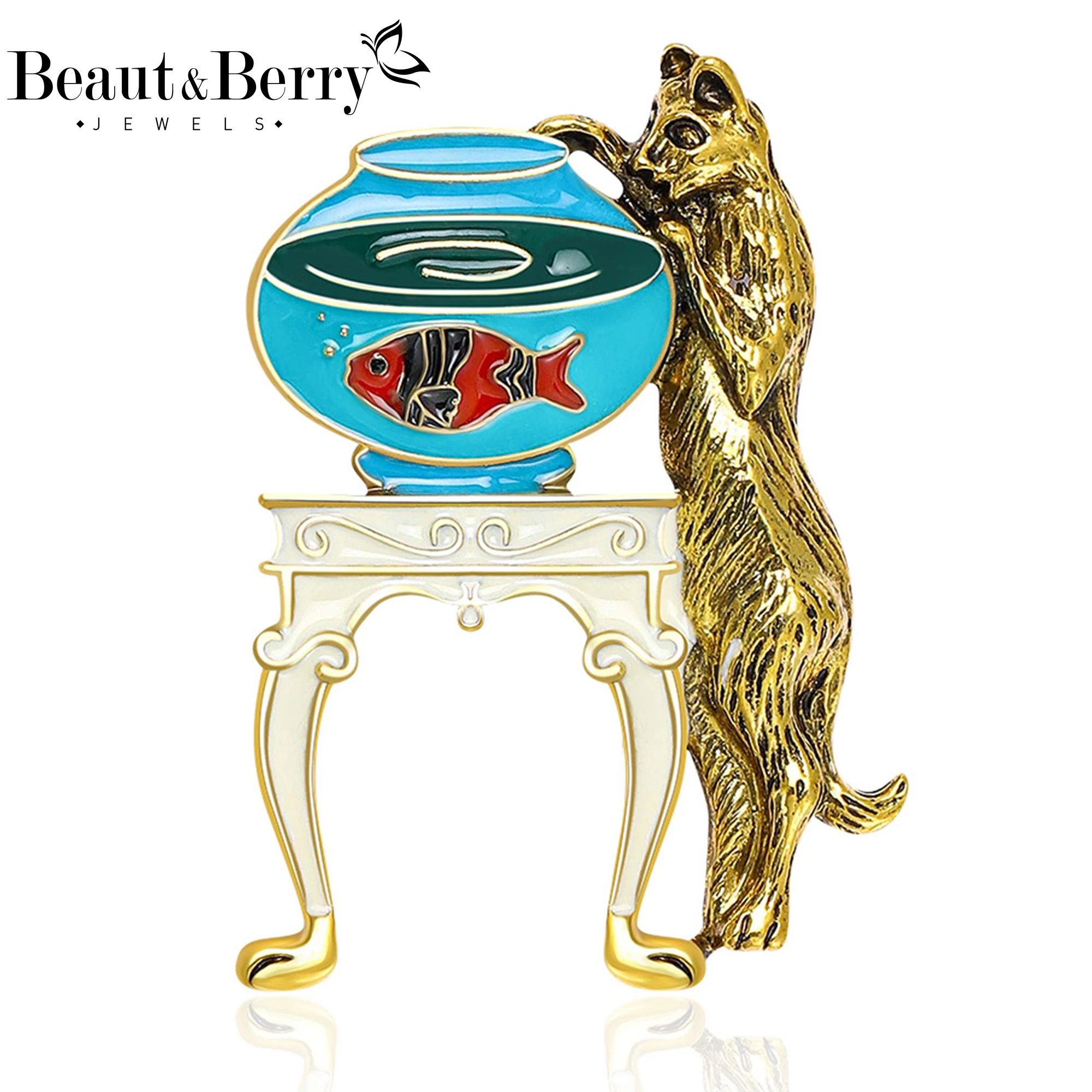 Beaut&Berry Meimei Fashion Enamel Fish Tank Cat Brooches for Women Animal Pins Friends Party Gifts Banquet Jewellery Accessories