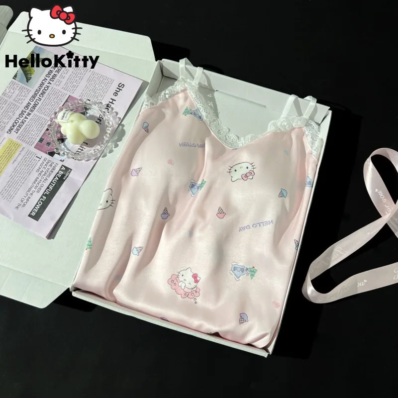 Sanrio Hello Kitty Summer New Ice Silk Strap Skirt Sexy Sweet Cute Y2k Girl Chest Mat Nightdress Kawaii Harajuku Trend Nightgown