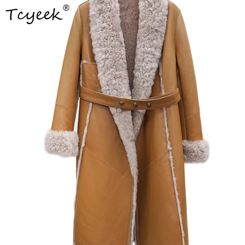 Tcyeek lana genuina Otoño Invierno gama alta moda tarjeta profunda longitud media mujer lana piel de oveja abrigo Fourrures Femme