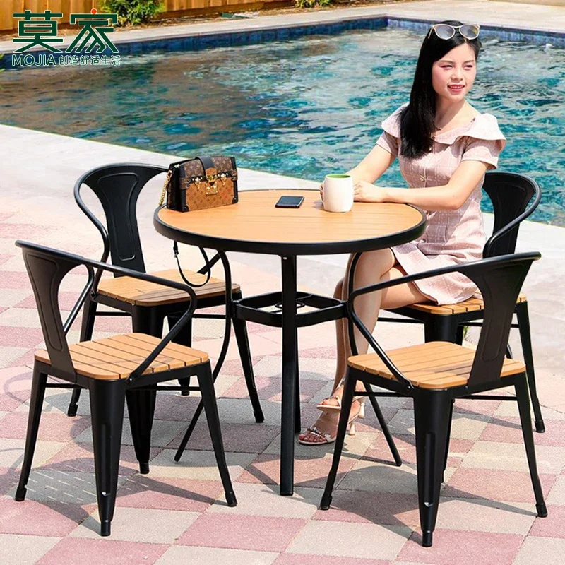 Courtyard Balcony Leisure Outdoor Coffee Shop Milk Tea Shop Plastic Wood Iron Table and Chair