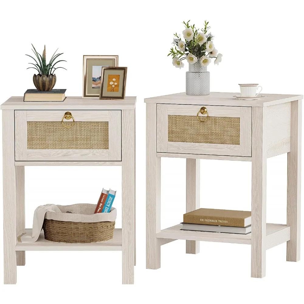 

sturdy white rattan-decorated nightstand, farmhouse style bedside table with bohemian end table appeal