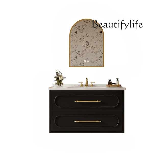 French retro bathroom cabinet Corian integrated basin wash table rock slab ceramic face wash basin