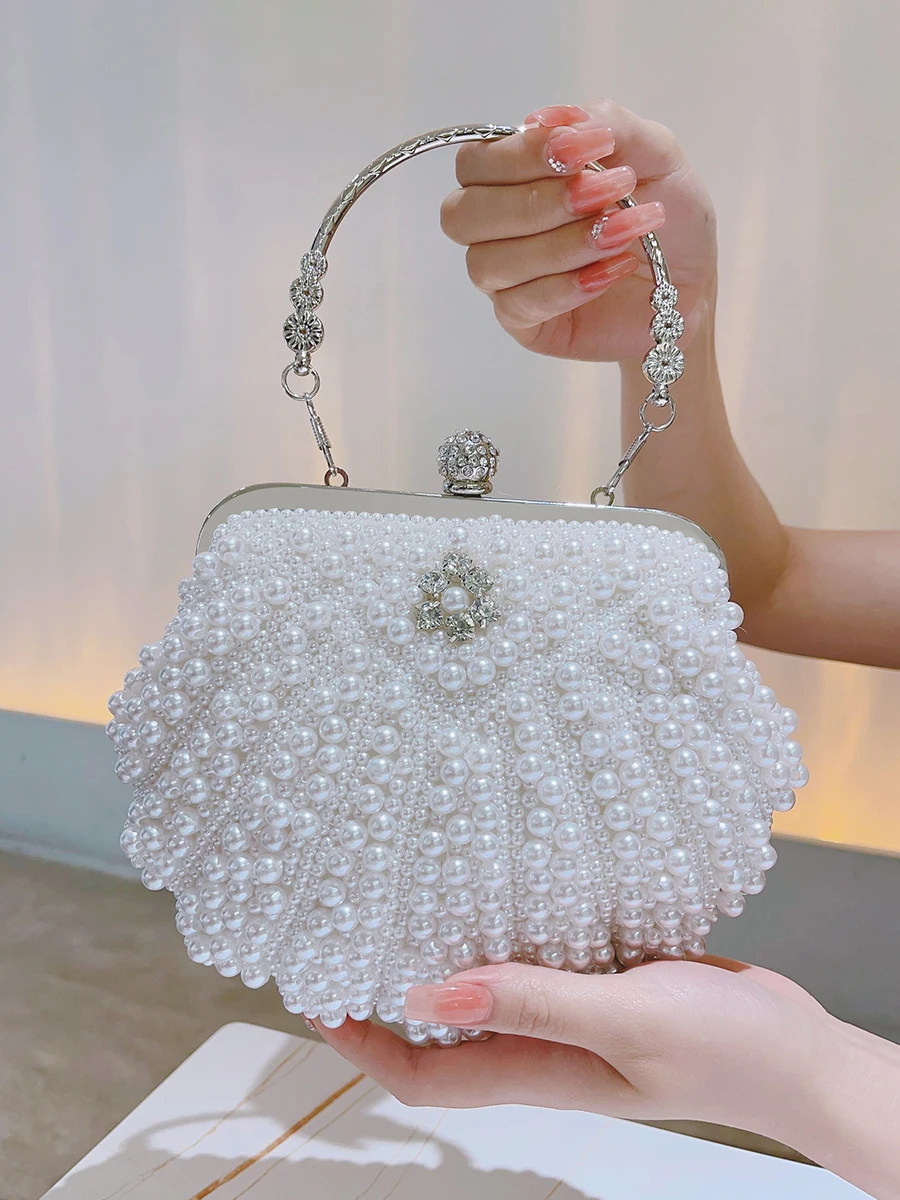 Faux Pearl & Diamond Event Clutch Bag, Buckle Metal Chain Handbag, Floral Handle Party Bag