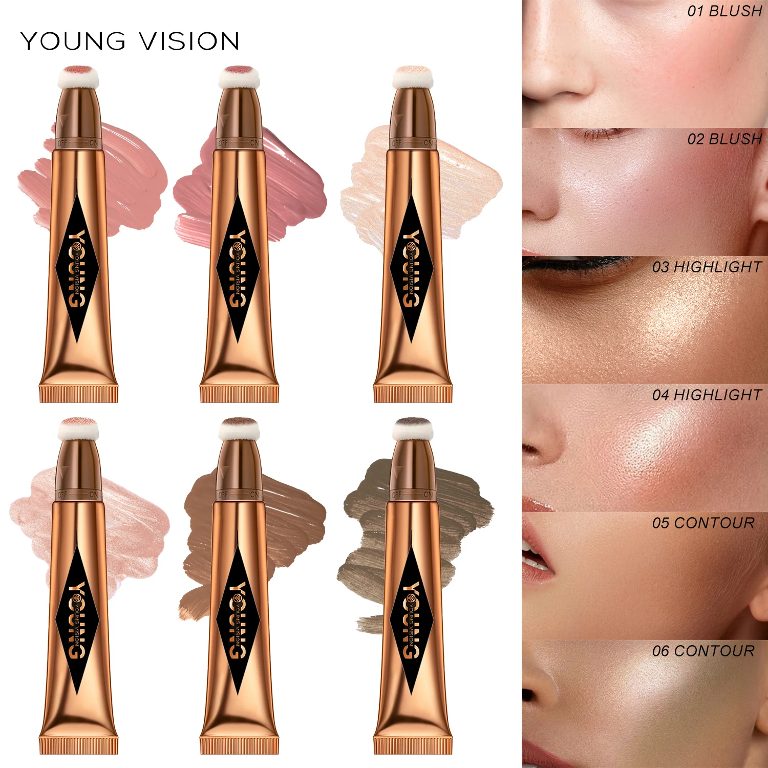 YOUNG VISION air cushion, powder blusher, high gloss stick, makeup liquid, rouge, 6 colors optional