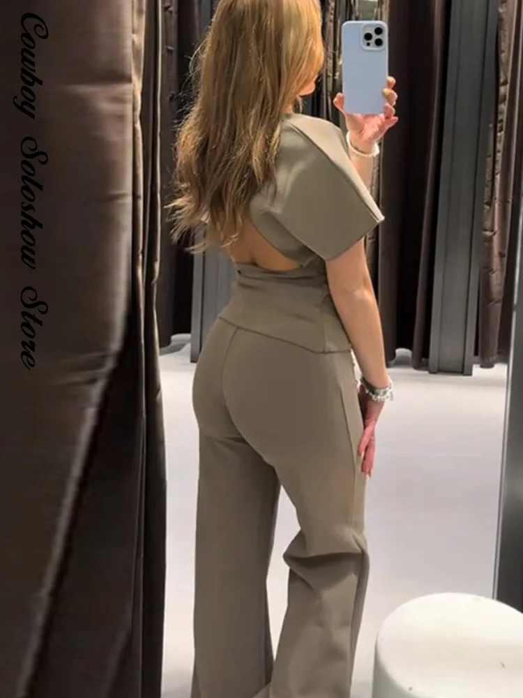 Fashion Backless Shirt Pants Set Women Solid Round Neck Short Sleeve Slim Fit Top 2 Pieces Sets Lady New Street Summer Outfits