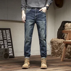 Pantalones vaqueros elásticos retro europeos y americanos para hombres, pantalones ajustados de pierna recta, ropa informal vintage para hombres