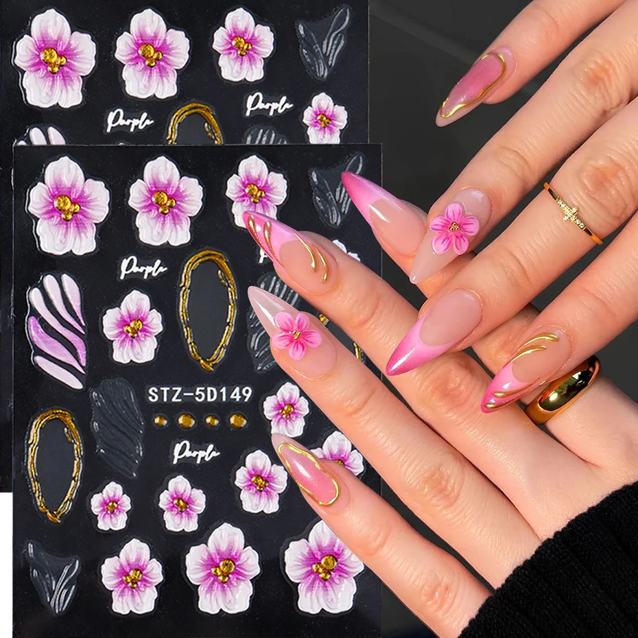 2 uds 5D en relieve Hada orquídea hibisco pegatina artística de uñas gradiente púrpura concha francesa DIY calcomanías deslizadores decoración de manicura puntas