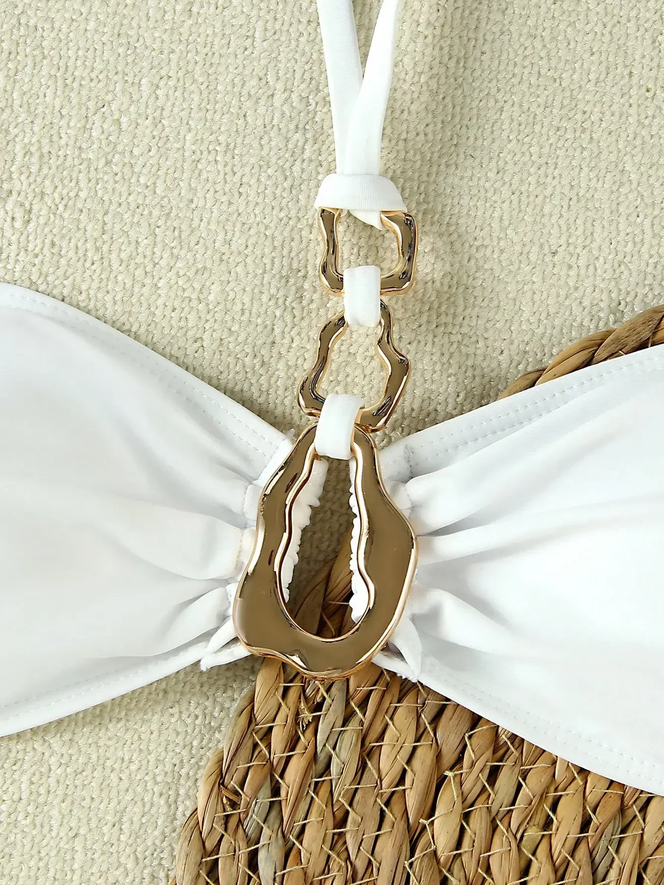 

Women White Solid Halter Bikini Set With Skirt Cover Up