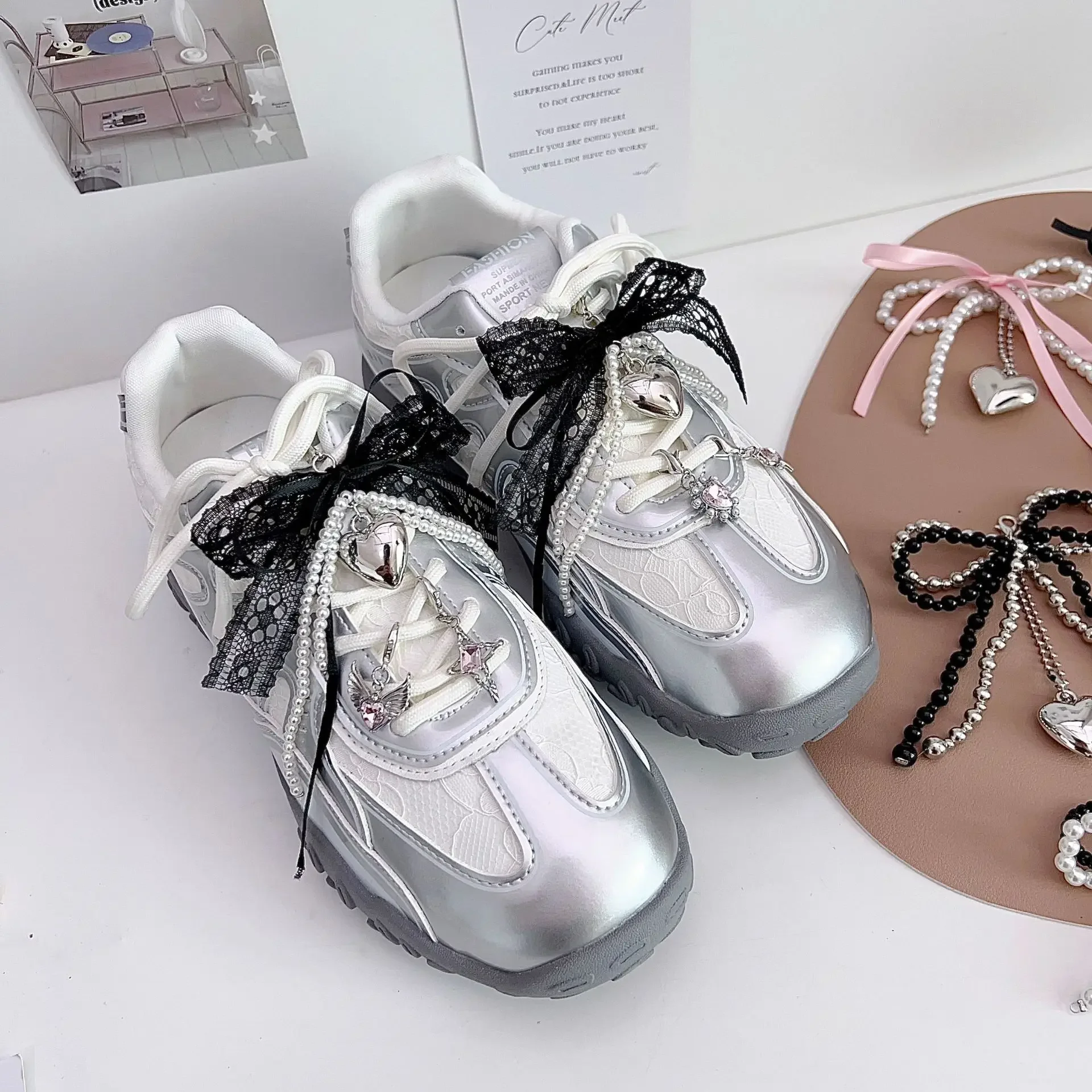 Luxus Spitze Perle Bogen Schnürsenkel Charms DIY Anhänger Liebe Schuh Kette Schnalle Turnschuhe Dekorative Zubehör Einzelstück – Detail 2
