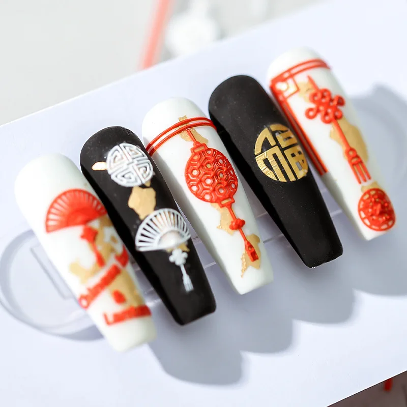1 piece Chinese knot lantern nail sticker design red and white 5D soft embossed nail art sticker exquisite nail decoration decal