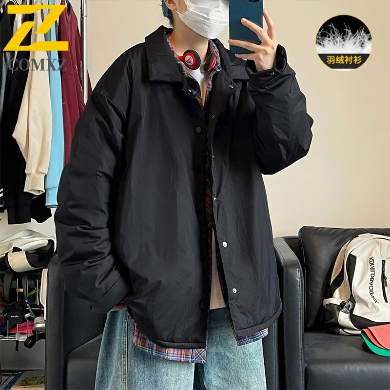 COMXZ Short Down Jacket Men Shirt Collar Design Hiking Travel Windproof Parka Single Breasted Design Lightweight Winter Coat