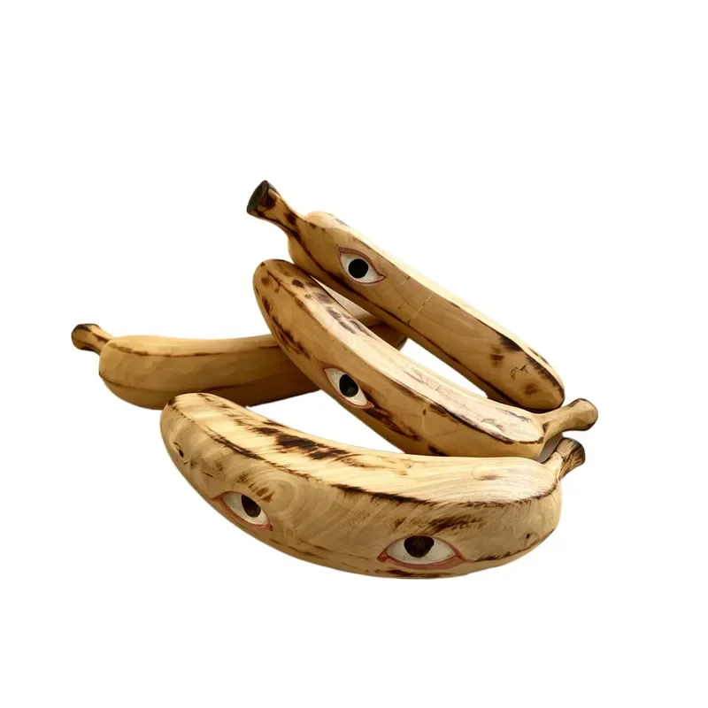 Hand Carved Solid Wood Banana Ornament Eye Hand Painted Fruit Sculpture Unique Aesthetics Desktop Art Decoration Gift