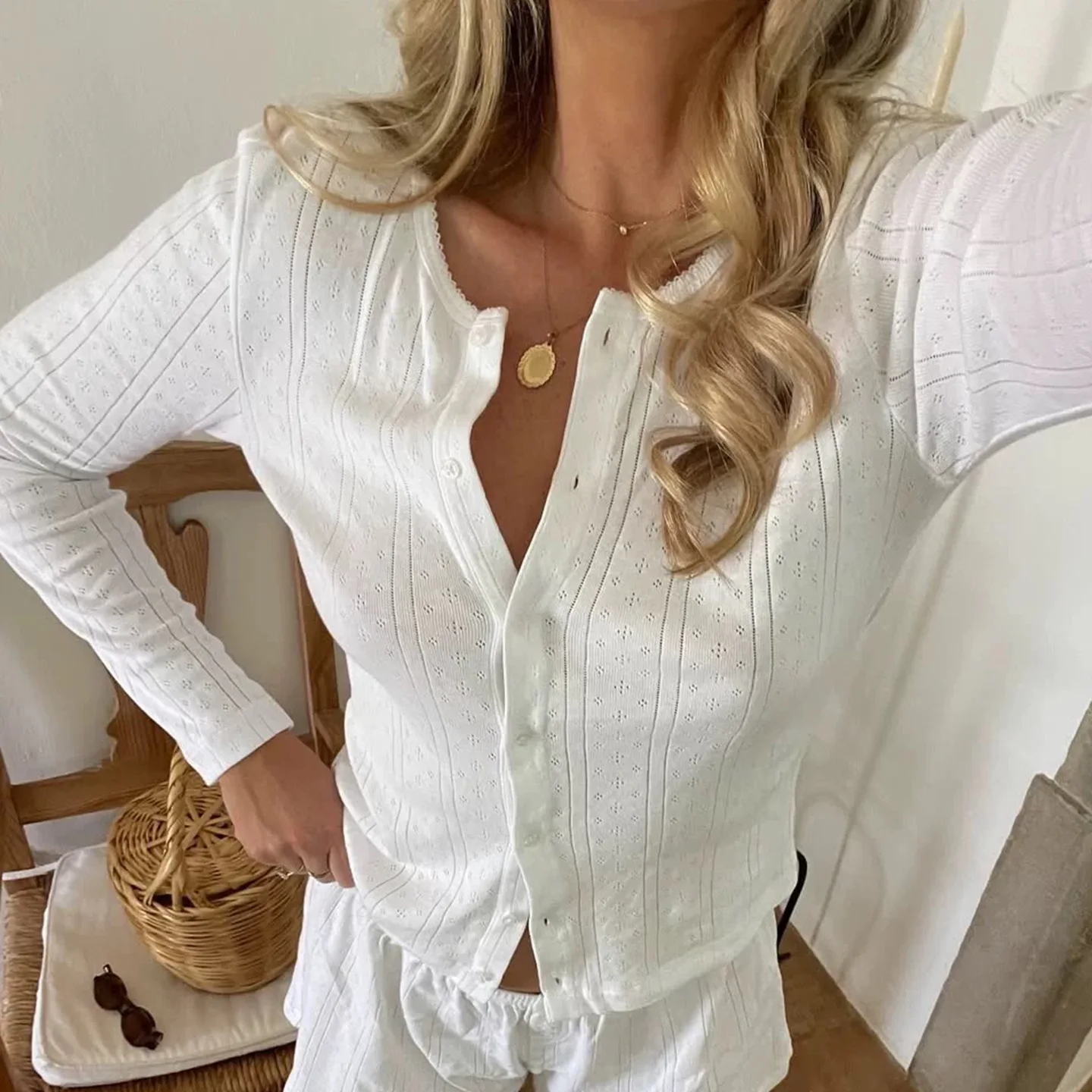Chic Women's White Knit Cardigan - High Waist Patchwork Style