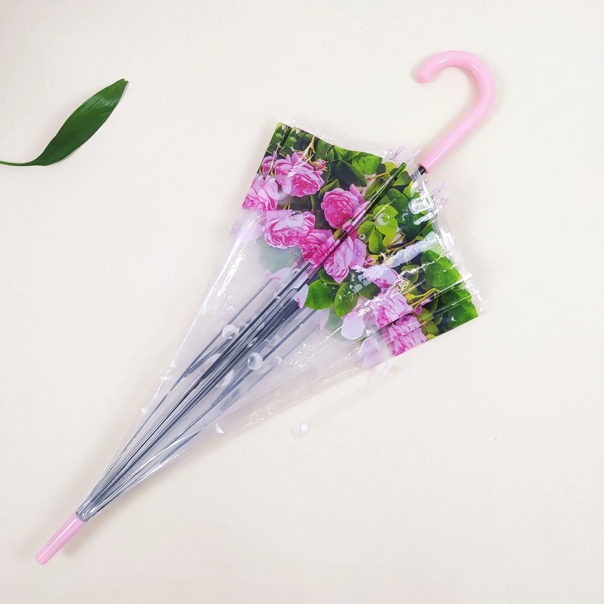 Transparent Rose Leaf Flower Umbrellas for Girls Women Long Handle PVC Mushroom Umbrella