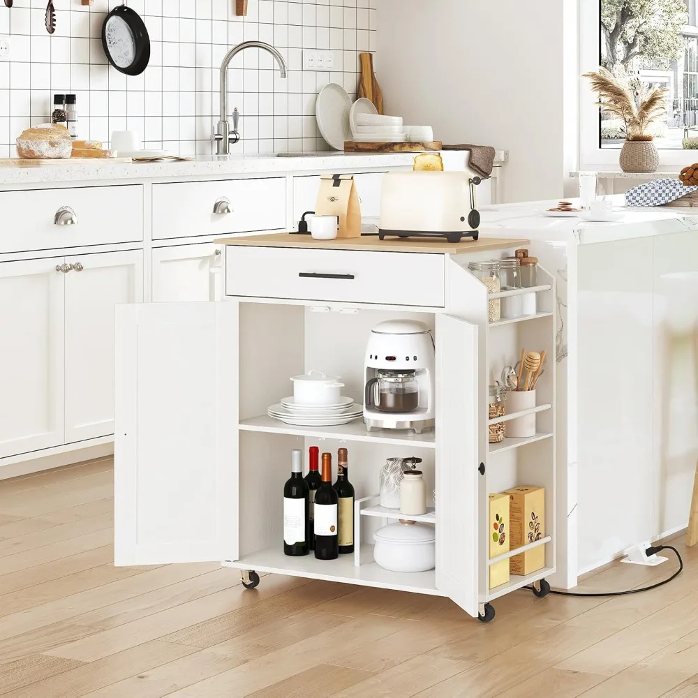 

Kitchen Island with Power Outlet, Kitchen Storage Island with Spice Rack and Drawer, Rolling Kitchen on Wheels, for Home, Dinin