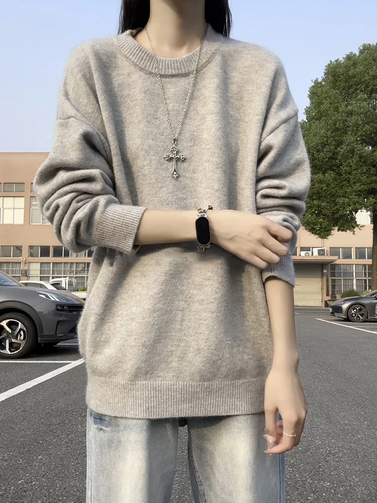 

Мужской утепленный вязаный свитер Cleanfit светло-серого цвета с круглым вырезом, осенне-зимний, свободного кроя, комфортный базовый слой, в стиле Lazy Style