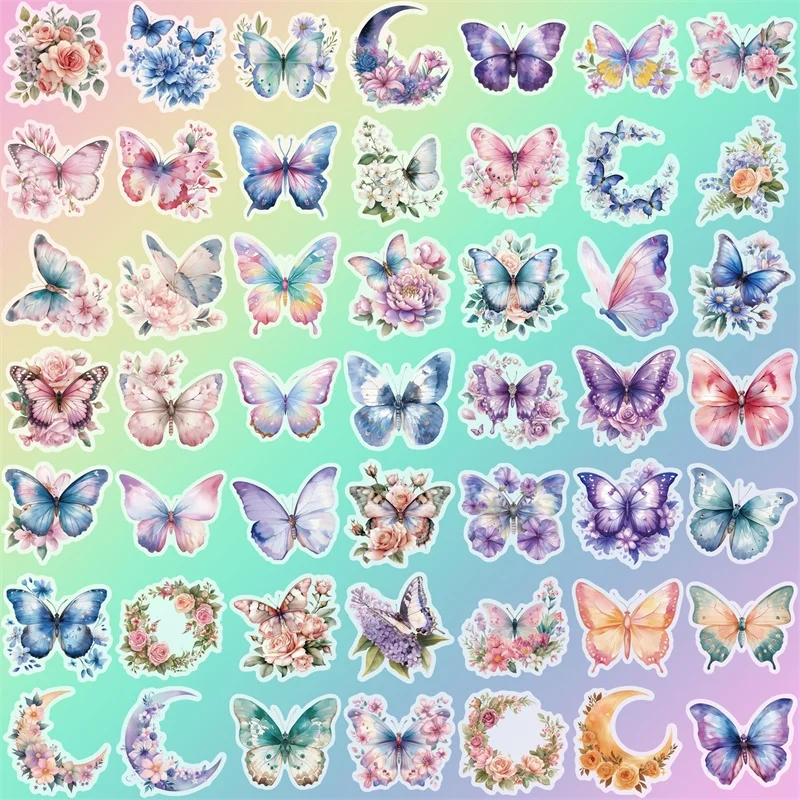 50PCS Kawaii Color Butterfly PET Sticker Aesthetic Decoration Scrapbooking Stationery DIY Hand Accounting Supplies for Kids