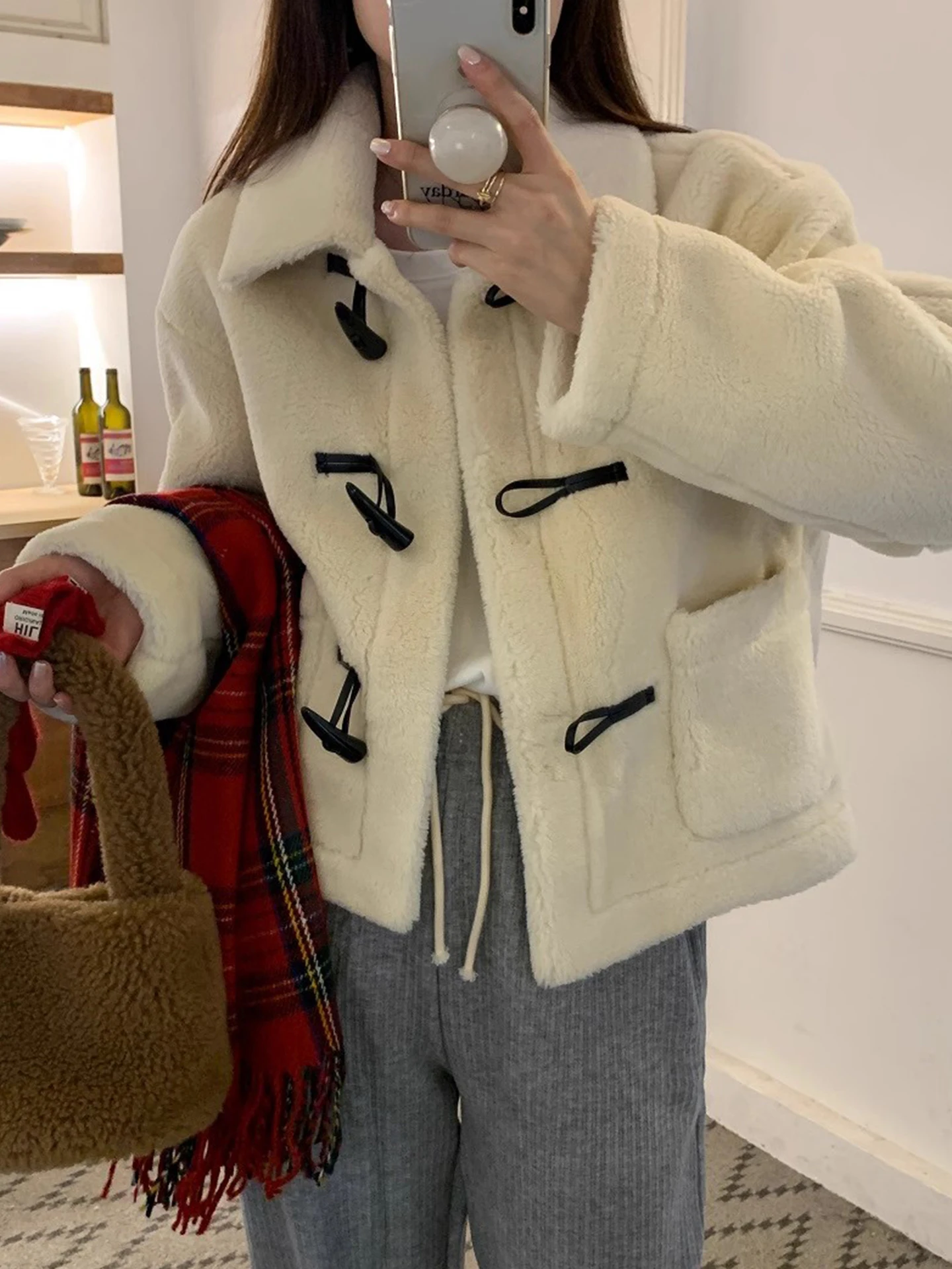 

Женское свободное зимнее пальто Jaet из овечьего меха, корейская версия, длинная све, однотонная верхняя одежда на пуговицах, теплая внутренняя одежда