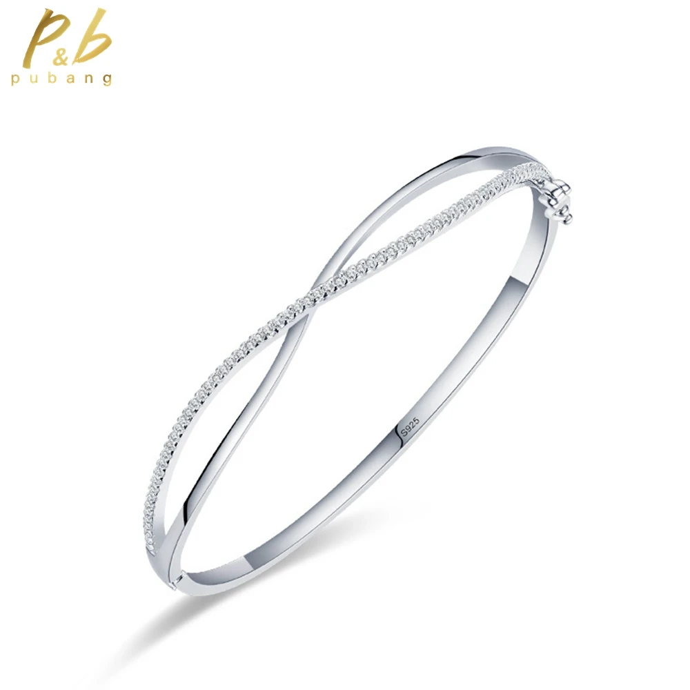 

PuBang Fine Jewelry Real 925 Sterling Silver Luxury High Carbon Diamond Cross Open Bracelet for Women Wedding Gift Free Shipping