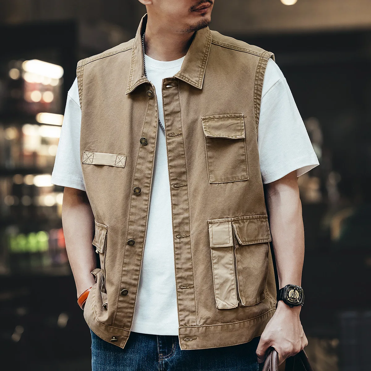 ملابس عمل قماشية عصرية للخريف للرجال، سترة من قماش الدنيم، صدرية متعددة الجيوب