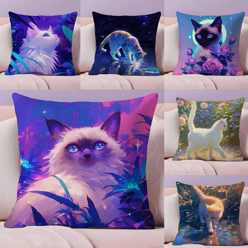 Cute Flower Cat Print Pillow Case Plush Fabric Soft Double-Sided Printed Sofa Warm Winter Home Gift Cushion Cover