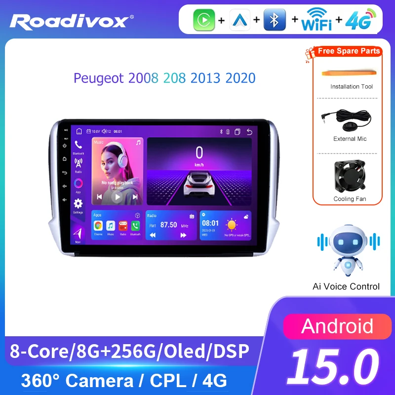 Android Car Radio AI VOICE Multimedia player for Peugeot 2008 208 2013 2020 GPS Navigation Stereo Screen Video Tape
