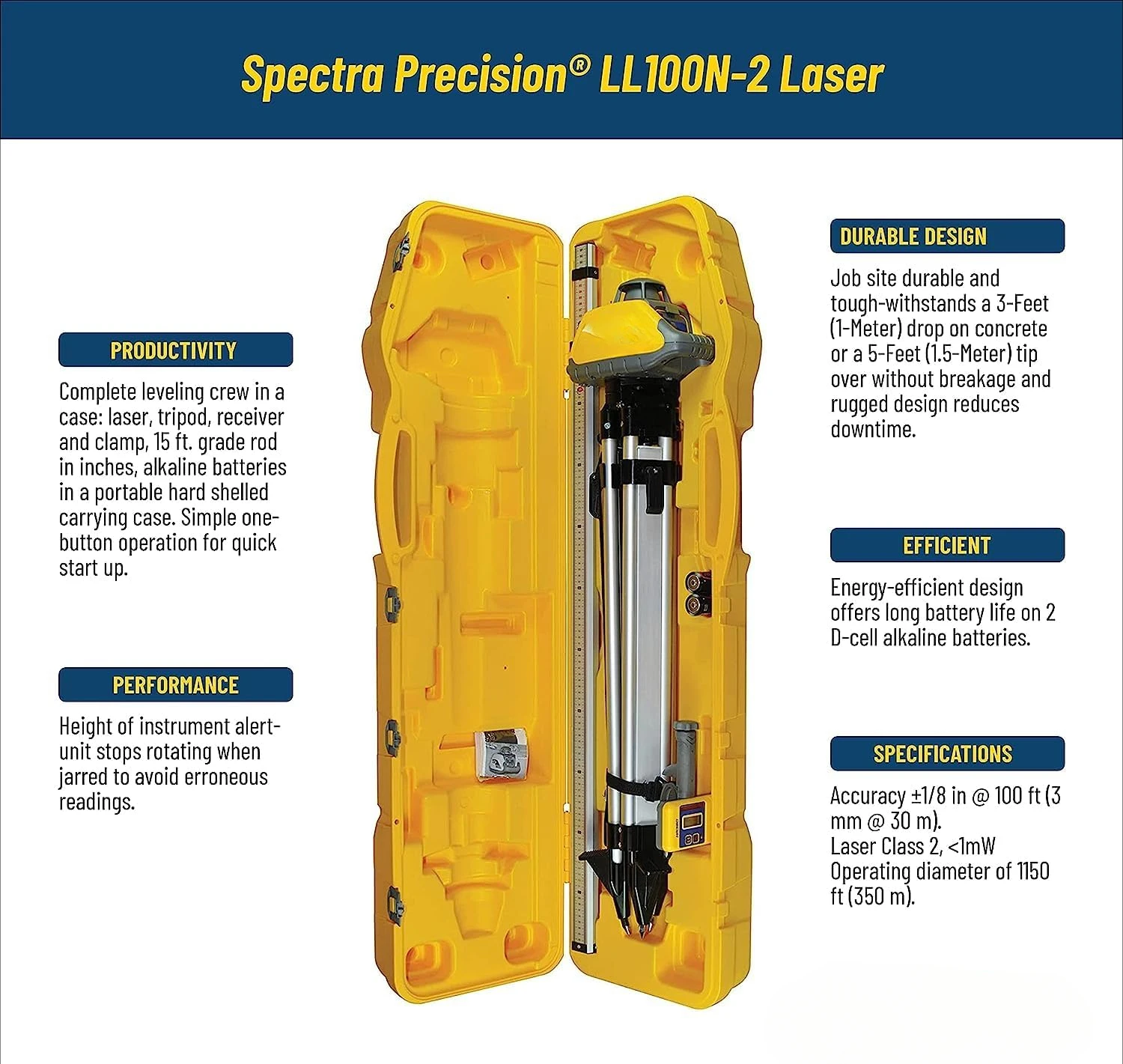 Laser Level Kit with HR320 Receiver and Clamp, 15' Grade Rod (Inches), Tripod, and System Case , Yellow