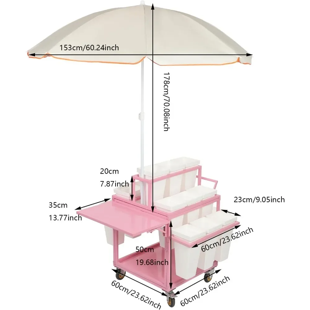 Metal Garden Cart Plant Stand with 18Pcs Buckets and Parasol, Slide Out Rolling Flower Display Rack Pink Flower Cart Display