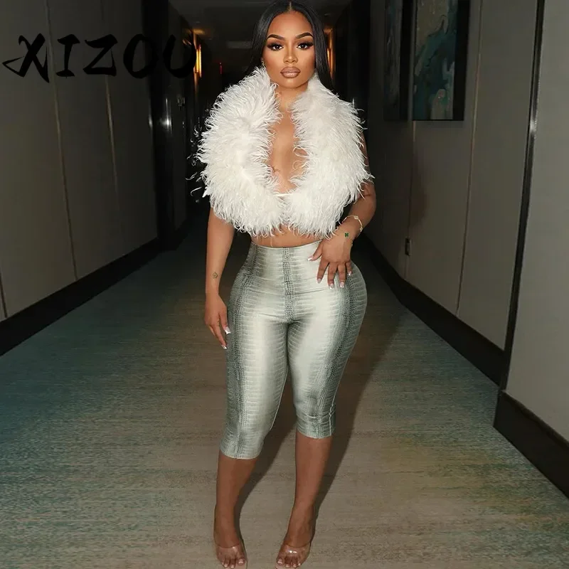 

XIZOU Women's Set Feather Halter Sleeveless Crop Top + Half Pants Suits 2025 Summer Sexy Street Party Two 2 Piece Sets Outfits