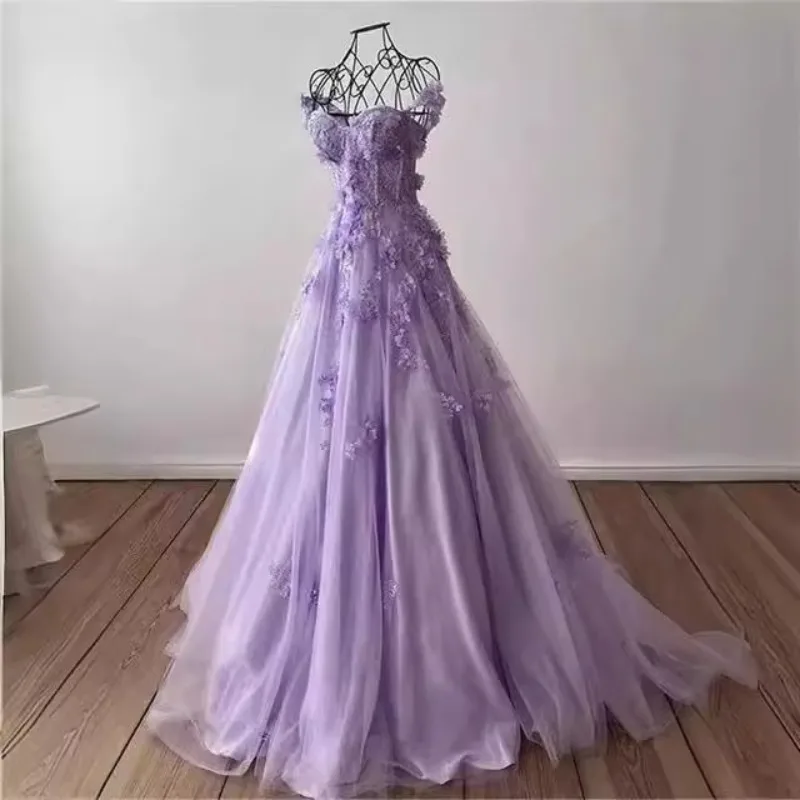 2026 New Women's Strapless Dreamy Purple Light Gauze Evening Dress, Fashionable Floor High Waist Slim Fit Bridesmaid Dress