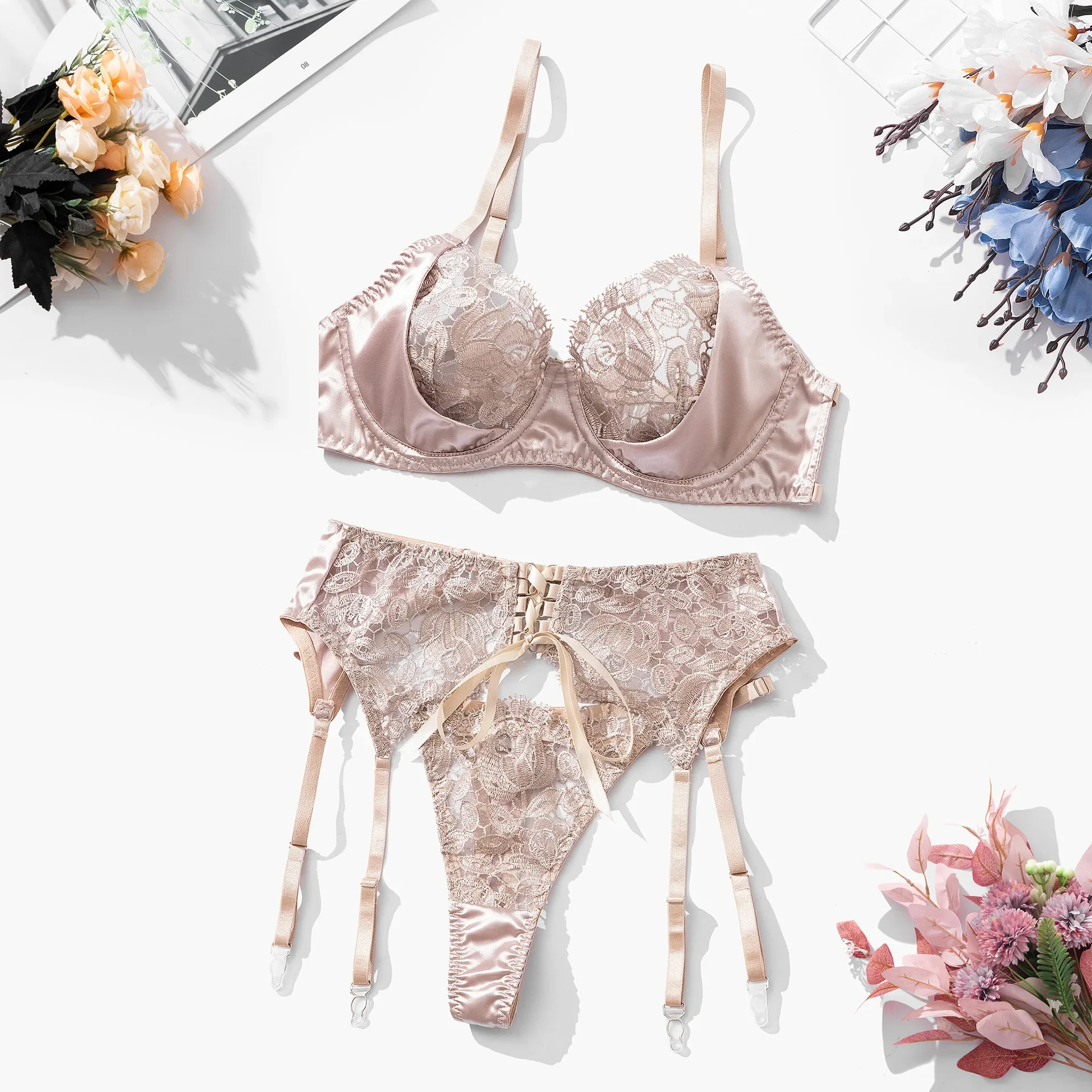 Erotic lingerie Ribbon splicing flower embroidery sexy bra set sexy women nightwear sex erotic costume woman Nursing Shirts hot