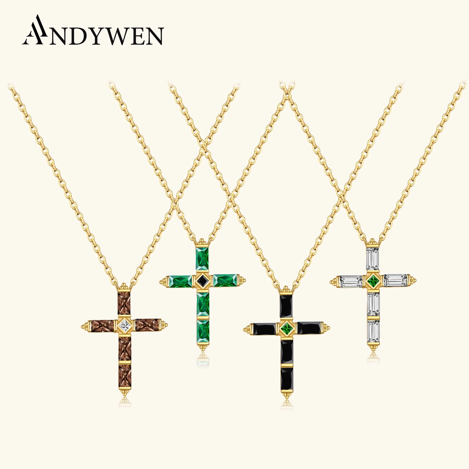 ANDYWEN-Collar de plata de ley 925 con colgante de cruz, cadena larga, joyería fina, Corto, Doris, Verde, Rosa, Rock, Punk, Oro
