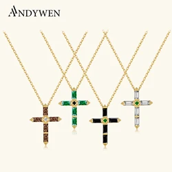 ANDYWEN 925 Sterling Silver Colorful Cross Pendant Necklace Long Chain Fine Jewelry Collar Corto Doris Verde Rosa Rock Punk Oro