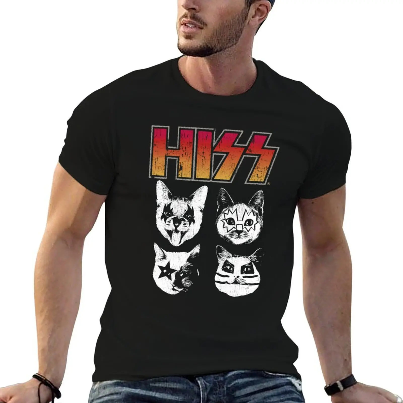 HISS Cat Funny Cats Kittens Rock Music Cat Lover Hiss T-Shirt Basic Solid Tee for Daily Use