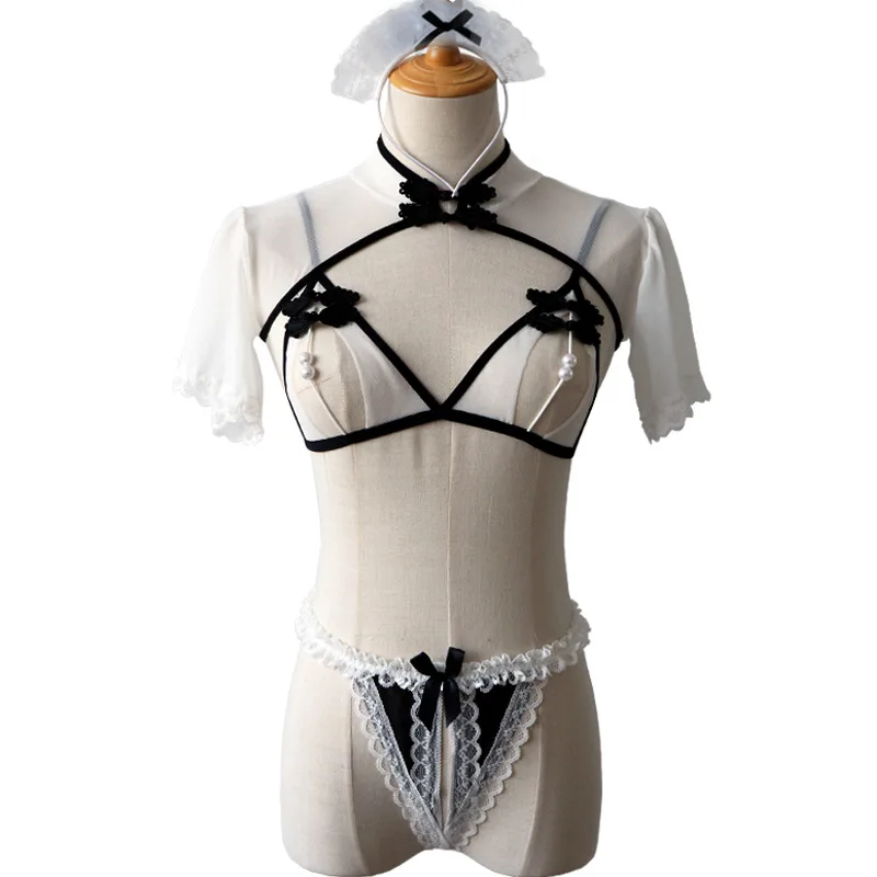 

Sexy Lingerie Women Split Bra Crotchless Panties Mesh Bikini Set Japanese Maid Cosplay Uniform Exotic Lace See Through Nightwear