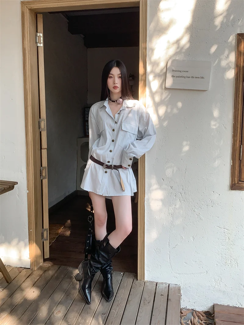 CHEERART Fall Clothes 2024 Long Sleeve Shirt Dress Women Light Blue Button Up Loose Casual Mini Dress