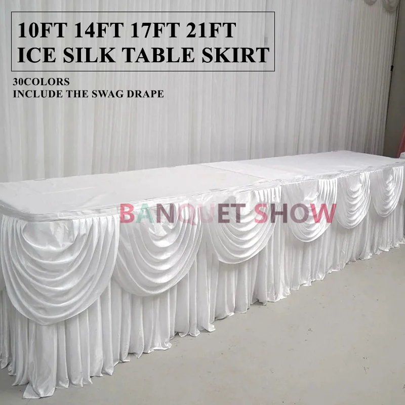 3M Long Ice Silk Table Skirt With Swag Drape Poly Tablecloth Skirting Event Party Wedding Banquet Decoration