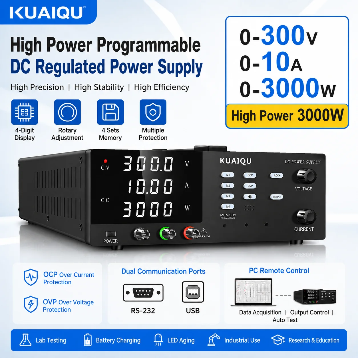 Alimentation programmable CC haute puissance KUAIQU 1500-3000W 30V/60V/150V/200V/300V 10A/30A/50A/60A/100A, source de laboratoire réglable avec OCP/OVP pour test d'usure