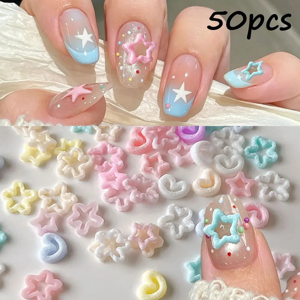 50pcs Macaron Hollow Star & Heart Nail Charms 3D Sugar Sand Pentagram Heart Nail Decorations Colorful Resin DIY Nail Accessories