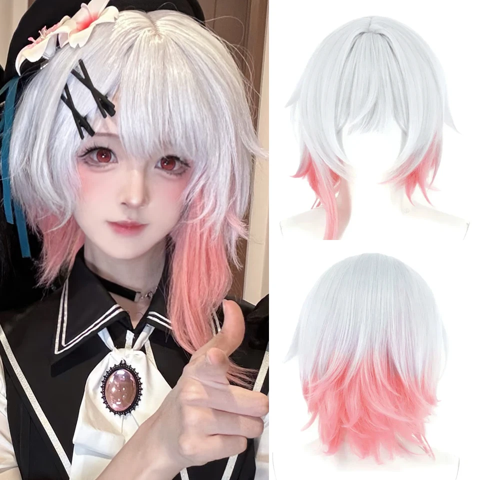 Silver Grey Ombre Pink Cosplay Wigs Short Straight Synthetic Wigs Anime Game Sakuraba Ema Cos Wig for Daily Party Heat Resistant