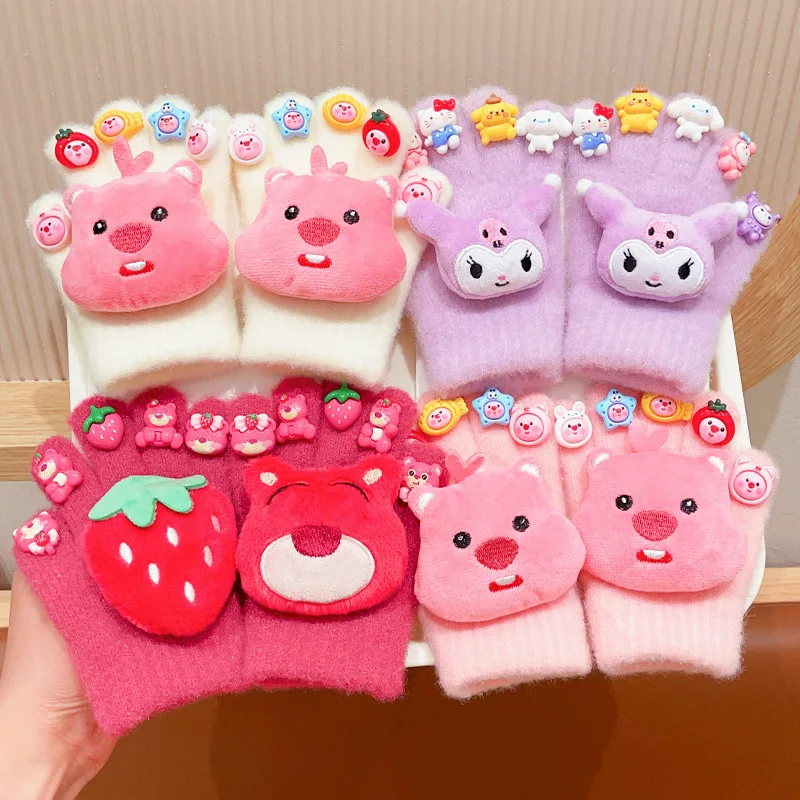 

KT Cat Children's Strawberry Bear Gloves Girls' Winter Cute Cartoon Style Boys', Girls' and Baby's Thickened Warm Five-Fingered