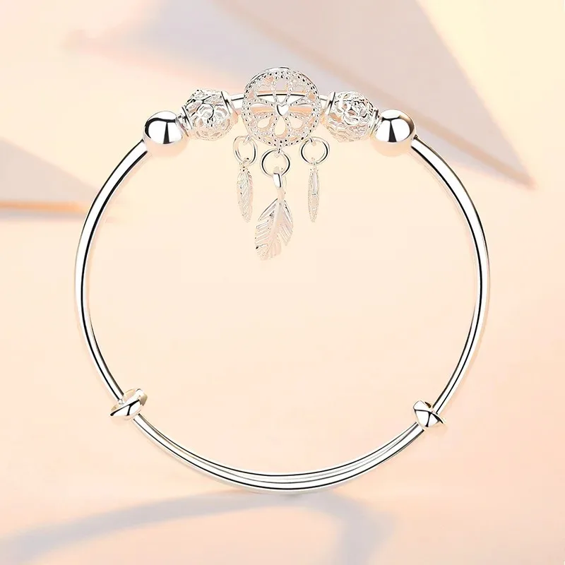 Brazalete de plata de ley 925 de tamaño ajustable, atrapasueños, borla, pluma, cuentas redondas, pulsera, joyería para mujer, boda